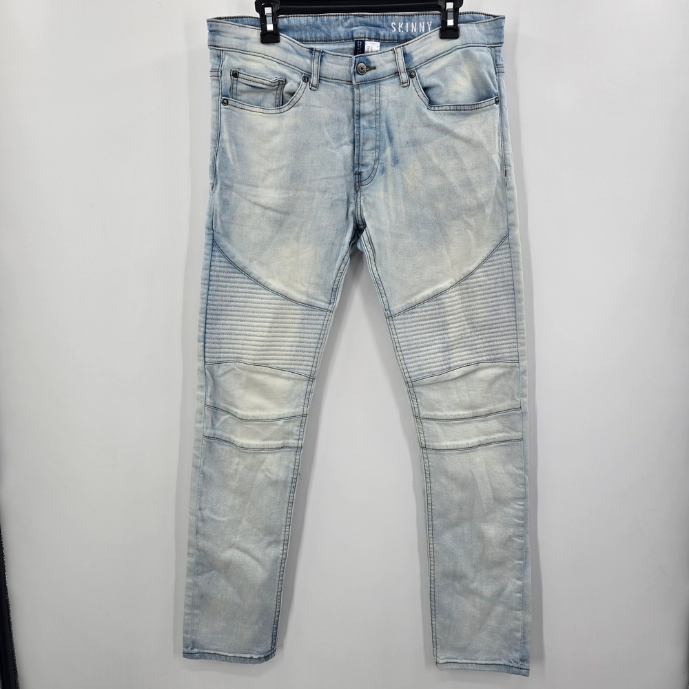 Divided Mens Skinny Biker Moto Jeans Light Wash‎ Blue Ribbed Knee Size 33